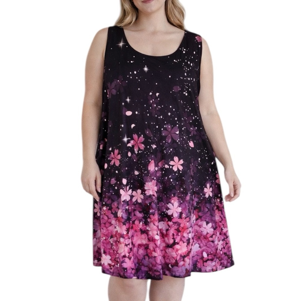 Denater plus size pink butterfly print sleeveless stretch shift dress size 5XL